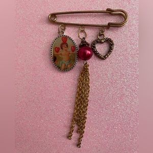 Antique Style Safety Pin Jewelry Victorian Cupid Angel Hearts New Bronze Pink